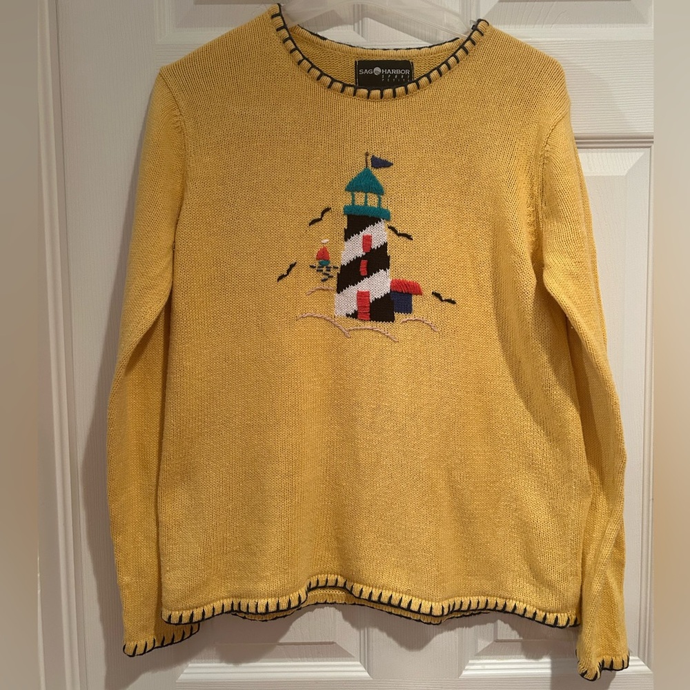 Vintage Sag Harbor Yellow Sweater with Embroidered Lighthouse Design